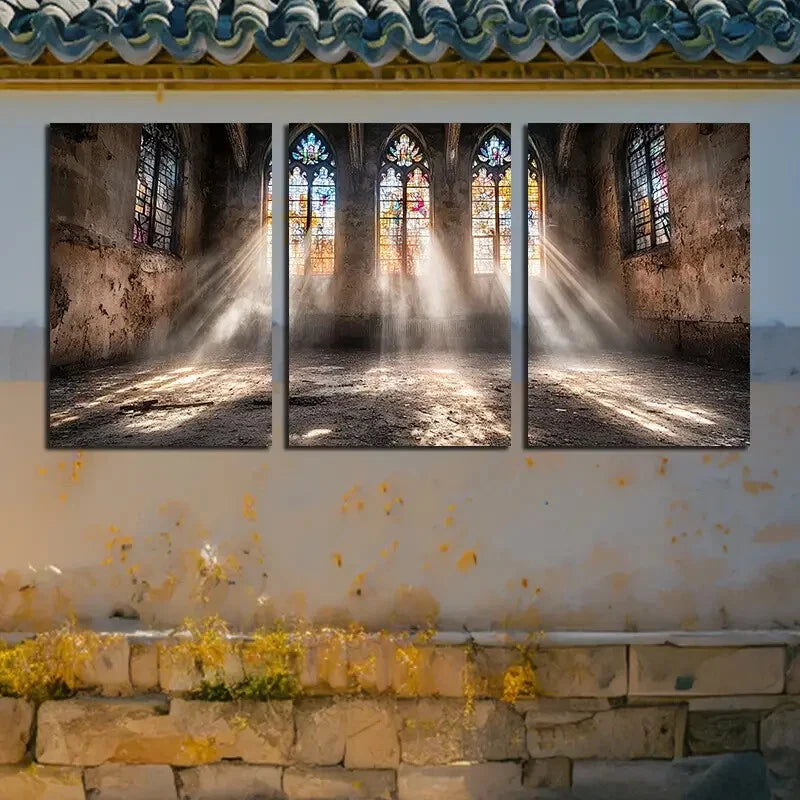 3pcs Abandoned house with Sunlit via Window Metal Print Ready to Hang Art - Bella Home Decor
