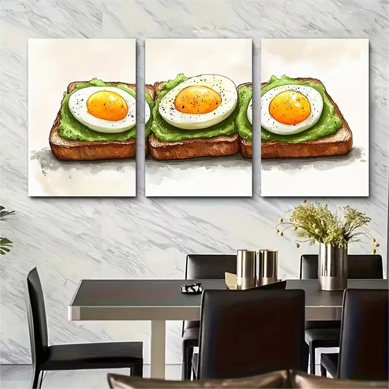 3pcs Breakfast Painting Avocado Toast and Eggs Metal Print Ready to Hang Art - Bella Home Decor
