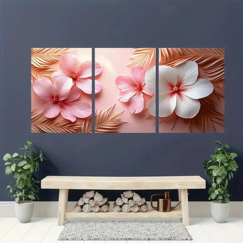 3pcs Pink & White Flowers with Golden Leaves Metal Print Ready to Hang Art - Bella Home Decor