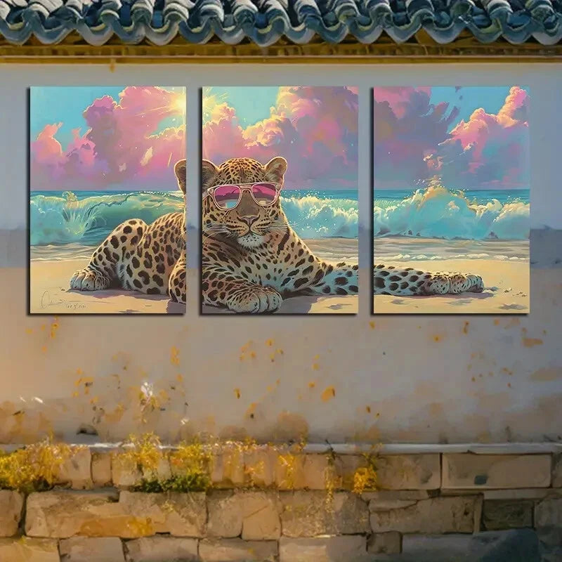 3pcs Modern Cartoon Leopard with Sunglasses Metal Print Ready to Hang Art - Bella Home Decor