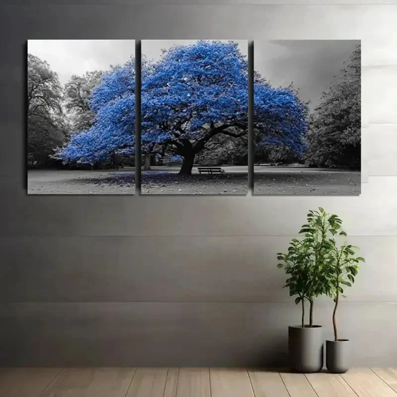 3pcs Featuring a Blue Tree in a Park Metal Print Ready to Hang Art - Bella Home Decor