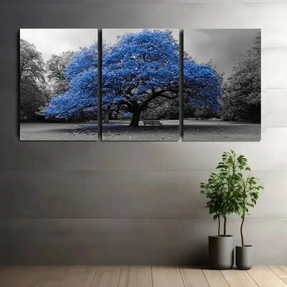 3pcs Featuring a Blue Tree in a Park Metal Print Ready to Hang Art - Bella Home Decor