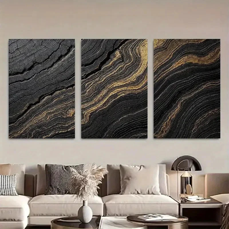 3pcs Black and Golden Abstract Wave Pattern Metal Print Ready to Hang Art - Bella Home Decor