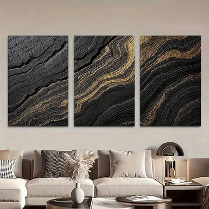 3pcs Black and Golden Abstract Wave Pattern Metal Print Ready to Hang Art - Bella Home Decor
