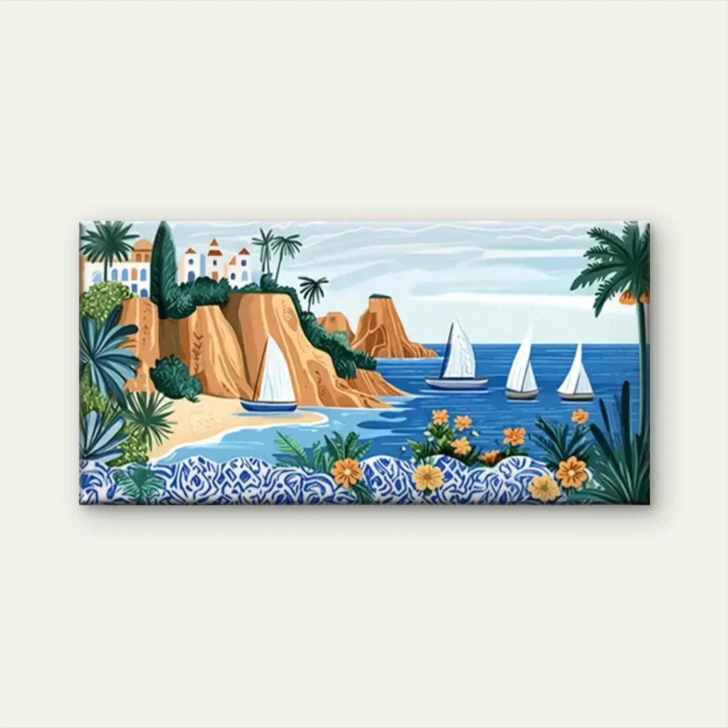 Beach Scene Palm Trees Boats Wall Art Canvas Office Home Room Framed 120x60cm