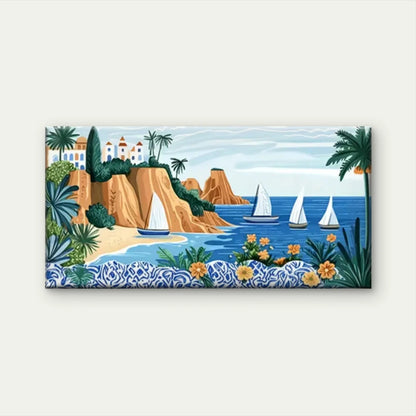 Beach Scene Palm Trees Boats Wall Art Canvas Office Home Room Framed 120x60cm