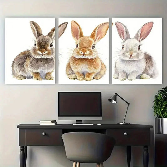3pcs Adorable Bunny in Soft Pastel Hues Design Metal Print Ready to Hang Art