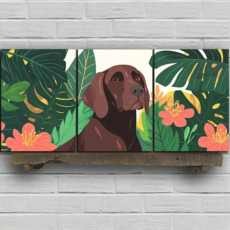 3pcs Dog & Tropical Floral Design Metal Print Ready to Hang Art - Bella Home Decor