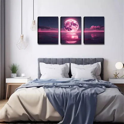 3pcs Red Moon on the Sea Wall Art Canvas Unframed - High Quality Print 100% Australian Made Wall Canvas