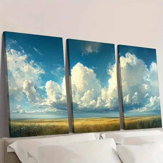 3pcs Minimalist Cloudy Sky Landscape TY Wall Art Set Canvas Framed 40x60cm - High Quality Print 100% Australian Made Wall Canvas Ready to Hang