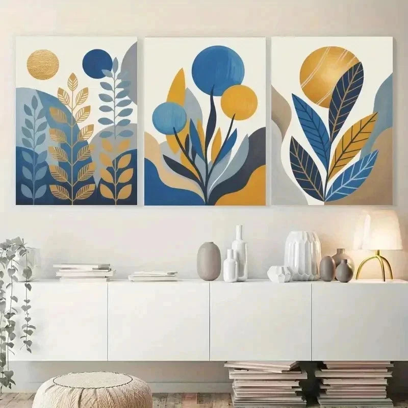 3pcs  Abstract Leaves, Golden Sun, Blue Circles   Wall Art Set Canvas Framed 60x90cm - High Quality Print 100% Australian Made Wall Canvas Ready to Hang - Bella Home Decor