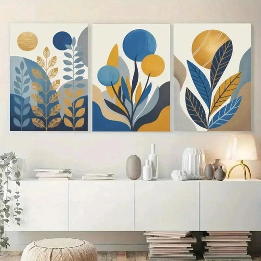 3pcs Abstract Leaves, Golden Sun, Blue Circles Wall Art Set Canvas Framed 60x90cm - High Quality Print 100% Australian Made Wall Canvas Ready to Hang