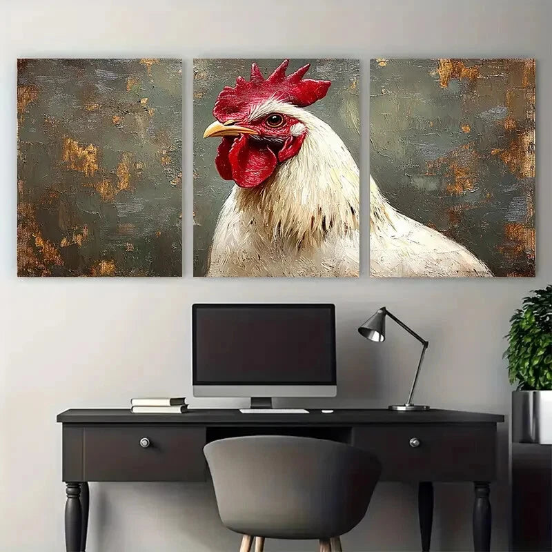 3pcs White Rooster Bird Farm Animals Illustration Metal Print Ready to Hang Art - Bella Home Decor