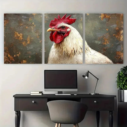 3pcs White Rooster Bird Farm Animals Illustration Metal Print Ready to Hang Art - Bella Home Decor