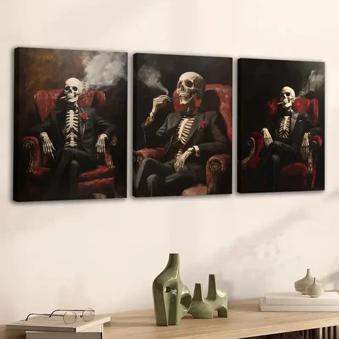 3pcs Abstract Smoking Skeleton Rose Black Chair Wall Art Set Canvas Unframed - High Quality Print 100% Australian Made Wall Canvas