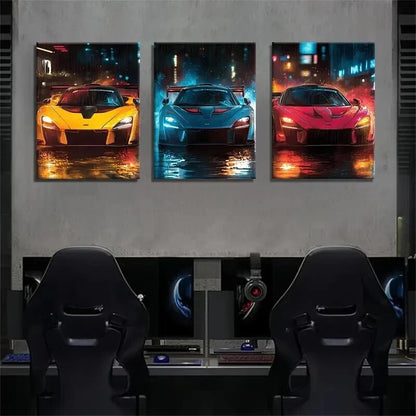 3pcs Vibrant Sports Neon Night Racing Perfect Wall Art Set Canvas Framed 60x90cm - High Quality Print 100% Australian Made Wall Canvas Ready to Hang - Bella Home Decor