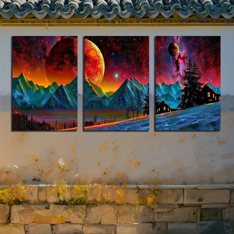 3pcs Vibrant Rural with Mountain View Scenes Metal Print Ready to Hang Art
