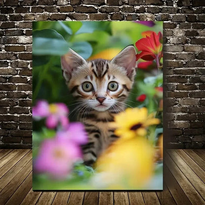 Cute Bengal Kitten with Vibrant Flowers Painting 40x60cm Metal Print Ready to Hang - Bella Home Decor