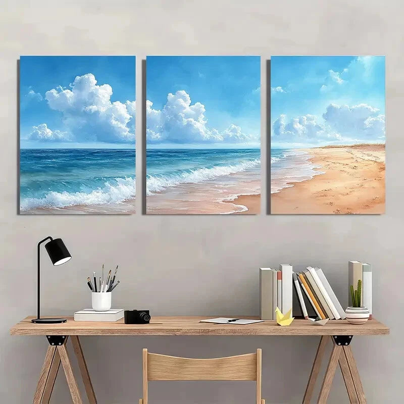 3pcs Serene Ocean Waves & Sandy Shores Watercolor Metal Print Ready to Hang Art - Bella Home Decor