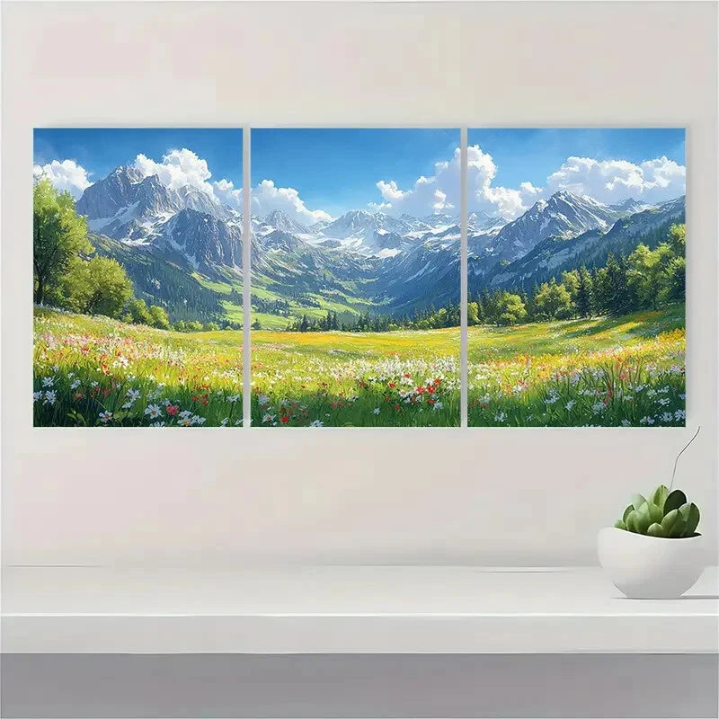 3pcs Alpine Meadows & Mountain Valley Landscape Metal Print Ready to Hang Art - Bella Home Decor