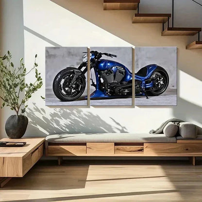 3pcs Blue Retro Motorcycle Vehicle Wall Art Canvas Unframed - High Quality Print 100% Australian Made Wall Canvas - Bella Home Decor