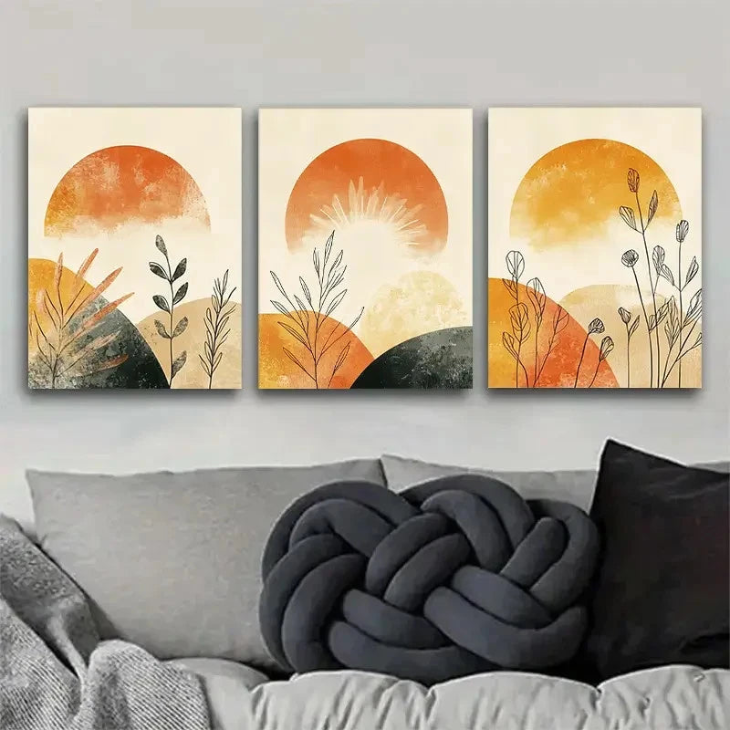 3pcs Sunset & Earthy Plant Pattern Bohemian Style Metal Print Ready to Hang Art