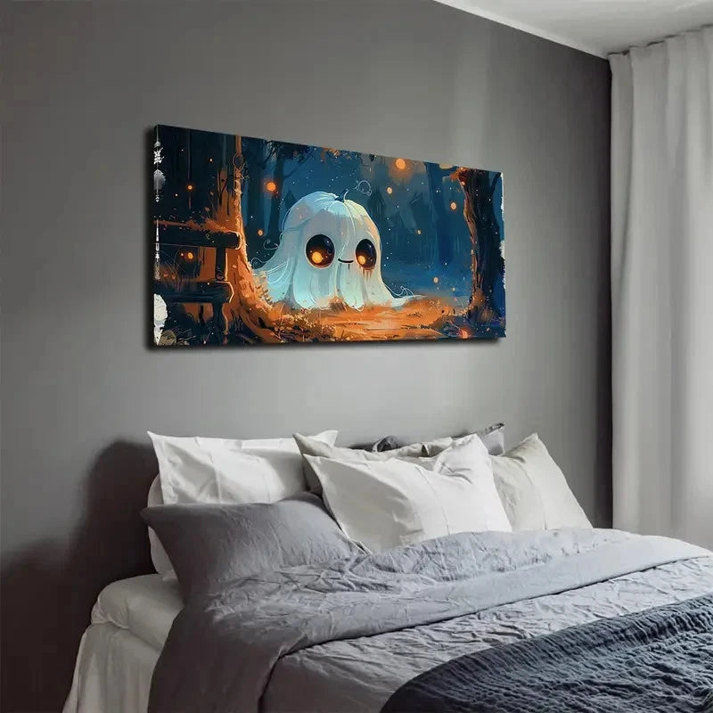 Cute White & Pumpkin Ghosts Wall Art Canvas Office Home Room Framed 120x60cm