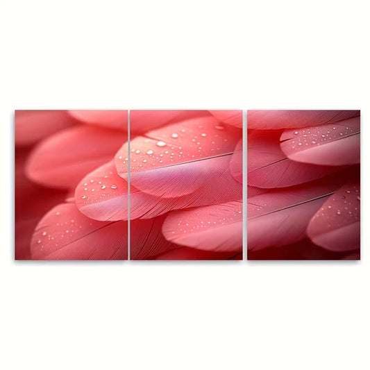 3pcs Pink Feather Macro Photography Abstract Metal Print Ready to Hang Art