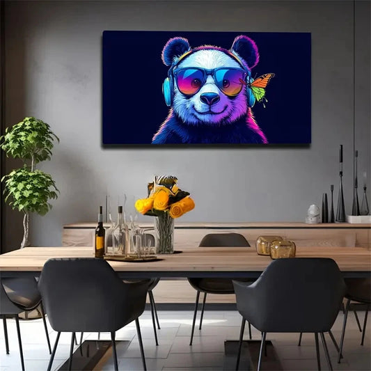 Minimalist Cute Panda Headphone Wall Art Canvas Office Home Room Framed 120x60cm