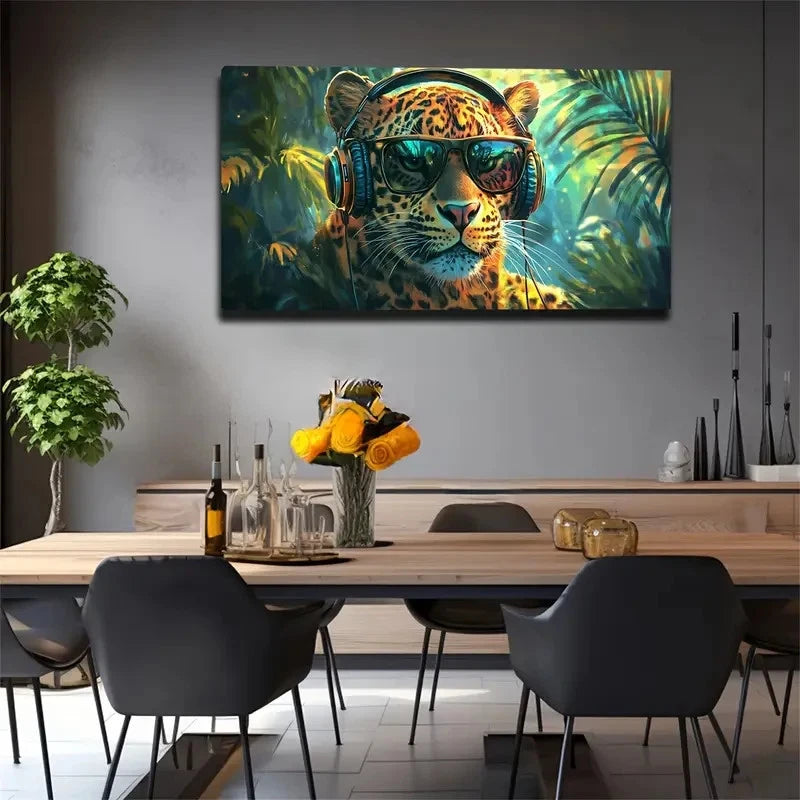 Modern Leopard With Headphones Wall Art Canvas Office Home Room Framed 120x60cm