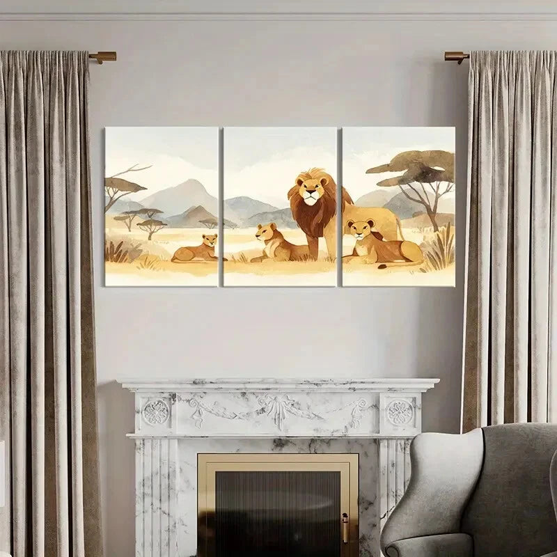 3pcs African Safari Lion Family Art Print Wildlife Metal Print Ready to Hang Art - Bella Home Decor