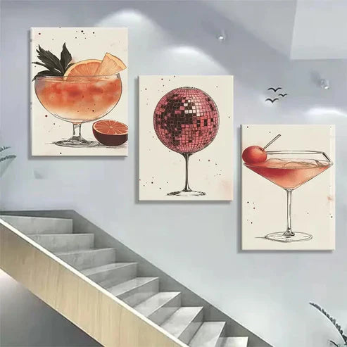 3pcs Cocktail Disco Ball Martini Glass Perfect Wall Art Canvas Unframed - High Quality Print 100% Australian Made Wall Canvas - Bella Home Decor