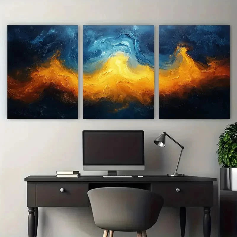 3pcs Vibrant Blue and Yellow Abstract Design Wall Art Set Canvas Framed 40x60cm - High Quality Print 100% Australian Made Wall Canvas Ready to Hang - Bella Home Decor