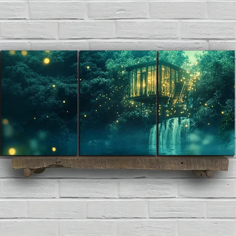 3pcs Waterfall & Treehouse Design Metal Print Ready to Hang Art - Bella Home Decor