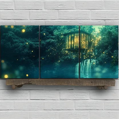 3pcs Waterfall & Treehouse Design Metal Print Ready to Hang Art - Bella Home Decor