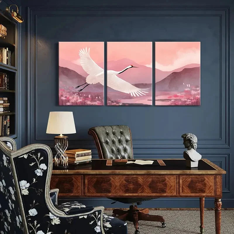 3pcs Elegant White Crane Mountain Landscape Pink Metal Print Ready to Hang Art - Bella Home Decor