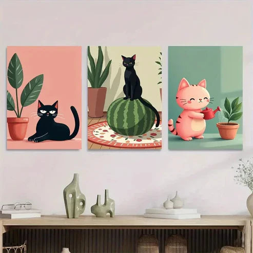 3pcs Charming Cat Cute Black And Pink Kitties Wall Art Set Canvas Unframed - High Quality Print 100% Australian Made Wall Canvas - Bella Home Decor
