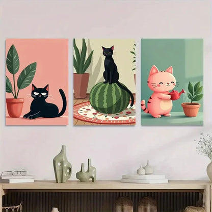 3pcs Charming Cat Cute Black And Pink Kitties Wall Art Set Canvas Unframed - High Quality Print 100% Australian Made Wall Canvas - Bella Home Decor