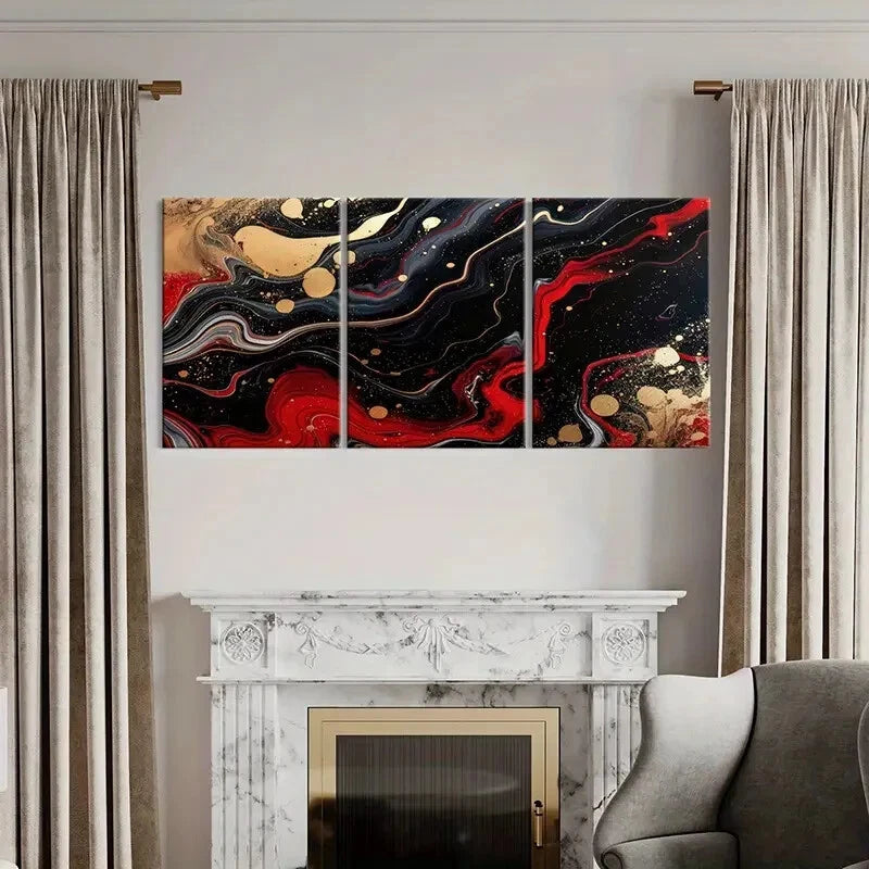 3pcs Abstract Art Red Black Golden Poster Metal Print Ready to Hang Art - Bella Home Decor