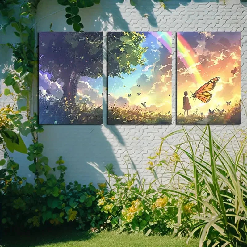 3pcs Vibrant Butterfly Girl with Rainbow View Metal Print Ready to Hang Art - Bella Home Decor