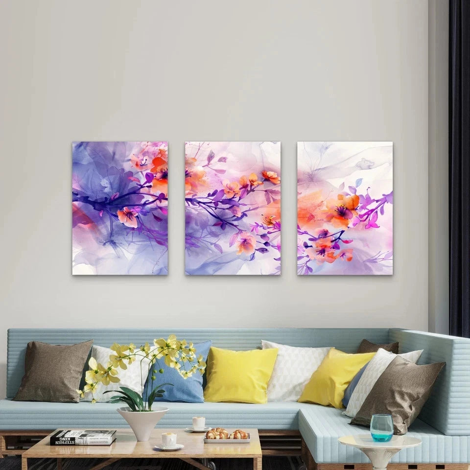 3pcs Vibrant Purple Orange Watercolor Floral Wall Art Set Canvas Framed 50x70cm - High Quality Print 100% Australian Made Wall Canvas Ready to Hang - Bella Home Decor