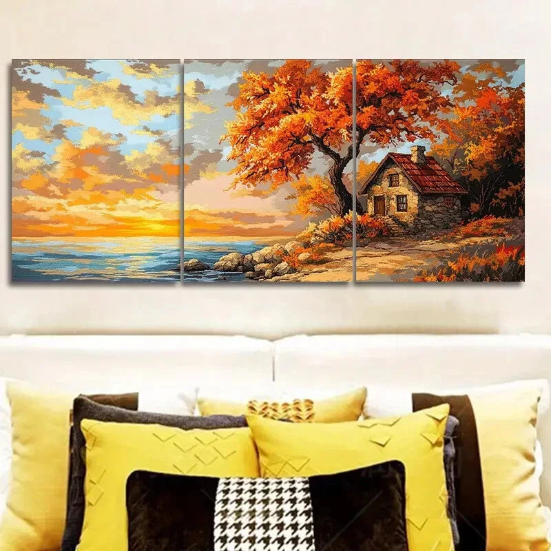 3pcs Vibrant Coastal Sunset Landscape with Autumn Metal Print Ready to Hang Art