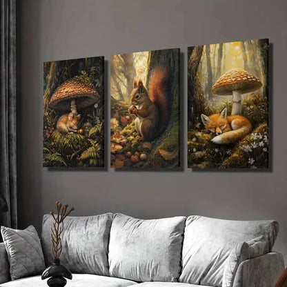 3pcs Squirrel Fox Mouse & Mushrooms Flowers  Wall Art Set Canvas Unframed - High Quality Print 100% Australian Made Wall Canvas