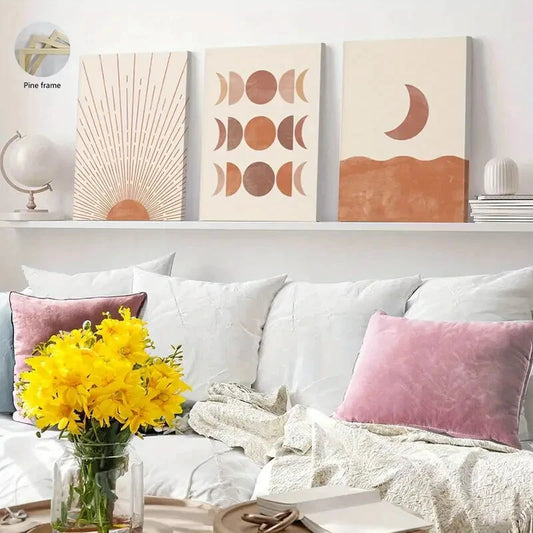 3pcs Abstract Pink Sunset & Moon Phases Wall Art Set Canvas Framed 50x70cm - High Quality Print 100% Australian Made Wall Canvas Ready to Hang
