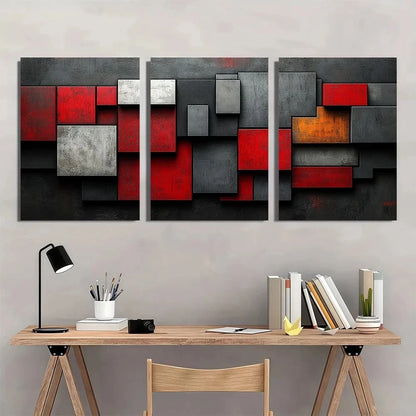 3pcs Abstract Blocks Red Black Gray & White Metal Print Ready to Hang Art - Bella Home Decor