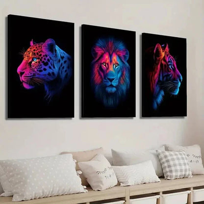 3pcs Neon Wild Animals Leopard Lion and Tiger Wall Art Set Canvas Unframed - High Quality Print 100% Australian Made Wall Canvas