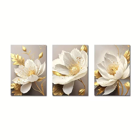3pcs Featuring Golden Plant Flowers Metal Print Ready to Hang Art