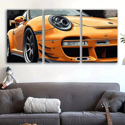 3pcs Vibrant Orange Sports Car Illustrations Wall Art Set Canvas Framed 50x70cm - High Quality Print 100% Australian Made Wall Canvas Ready to Hang