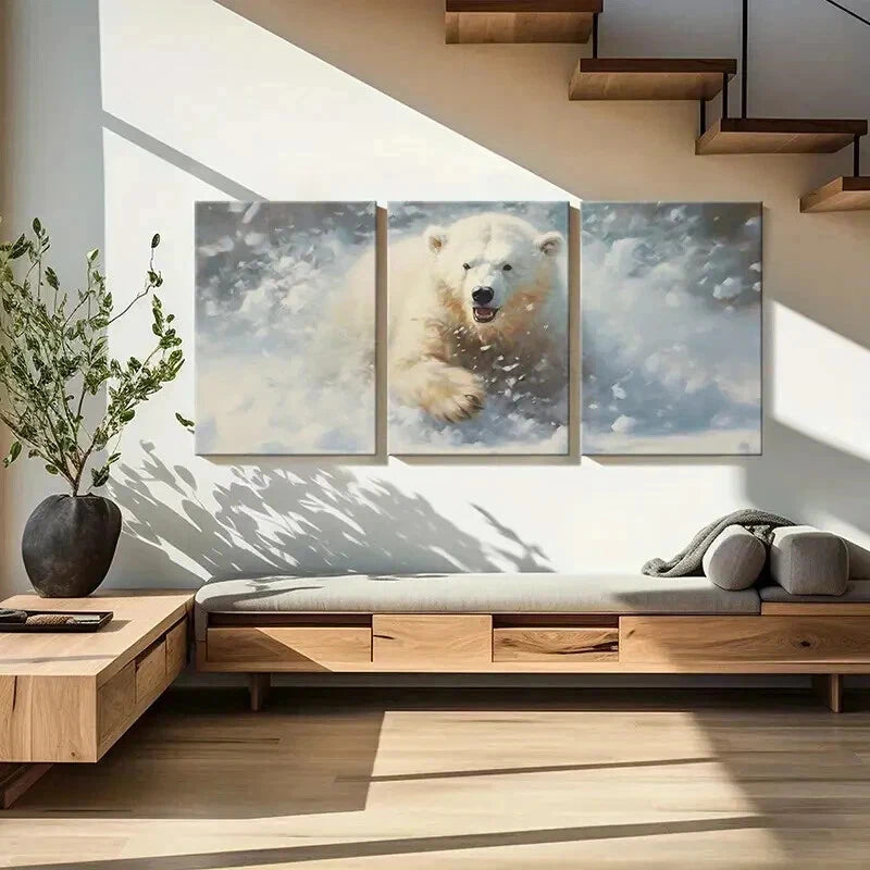 3pcs Polar Bears In The Snow Vintage Wall Art Set Canvas Framed 40x60cm - High Quality Print 100% Australian Made Wall Canvas Ready to Hang - Bella Home Decor