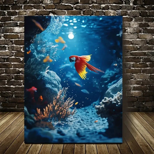 Vibrant Underwater Parrot Scene with Coral Reef 40x60cm Metal Print Ready to Hang - Bella Home Decor